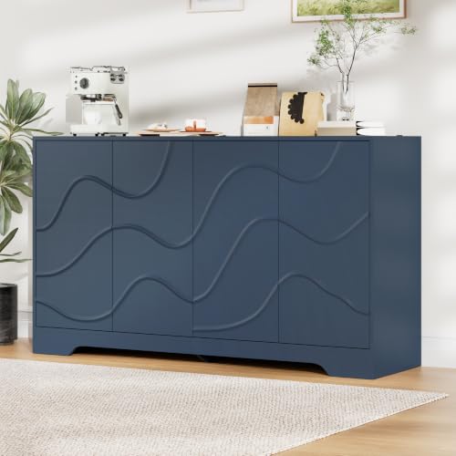 Godchoices 56" Sideboard Buffet Cabinet with Storage, Modern Accent Credenza with Wavy Doors & Adjustable Shelf, Console Cabinet for Kitchen,Living Room,Dining Room,Entryway,Hallway - color: 56" Blue