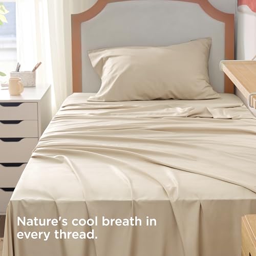 Bedsure PureWoven 100% Rayon Derived from Bamboo, Twin XL Sheets, 3 Pieces | Cooling Sheets for Hot Sleepers, Breathable & Silky Soft, 16" Deep Pocket, Hotel Luxury Bedding, Beige - color: 03 - Beige, size: Twin XL