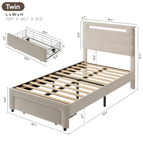 LIKIMIO Twin Bed Frames with Storage Drawer, Lights & Charging Station | Upholstered Modern Platform Bed, Twin Bed Frame with Headboard, No Box Spring Needed, Easy Assembly, Noise-Free, White - size: Twin