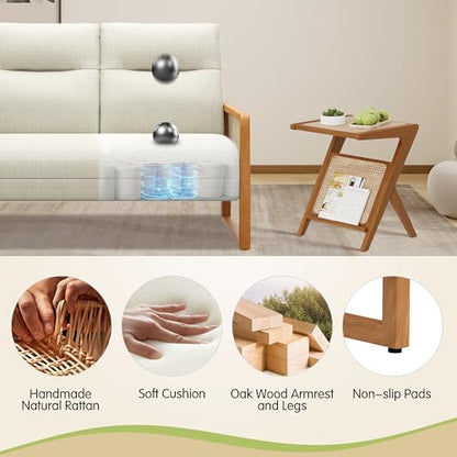 Alunaune Modern Loveseat Bench Couch with Natural Rattan Arm, Upholstered Linen Small Love Seat Sofa 2-Seats Living Room Couch Settee, Comfy Lounge Recliner Chair-Ivory - color: Ivory