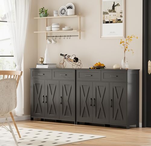 Homhedy Coffee Bar Storage Cabinet with Drawers, Kitchen Buffet Cabinet | Sideboard Cabinet with Doors, Farmhouse Buffet Cabinet, Adjustable Shelves, for Kitchen / Dining / Living Room, Black - color: Black