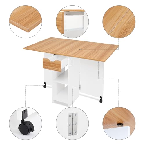 Mondeer Folding Dining Table, Drop Leaf Kitchen Table with 1 Drawer and 2 Open Storage Shelves Small Space Dining Room Kitchen Modern (White & Red Oak) | Storage Drawer and Open Shelves, Rolling Casters, for Small Space Kitchen Flat Dining Room, Red Oak a