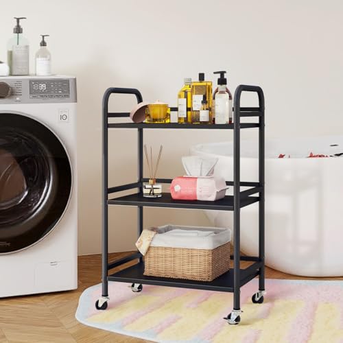 HDANI 3 Tier Rolling Cart Shelves,Heavy Duty Multifunctional Metal Frame-Supports 22 Lbs Per Tier,Rolling Cart with 2 Lockable Wheels for Home,Office,Kitchen,Bathroom,Bedroom,Black - color: Black, size: Small Solid