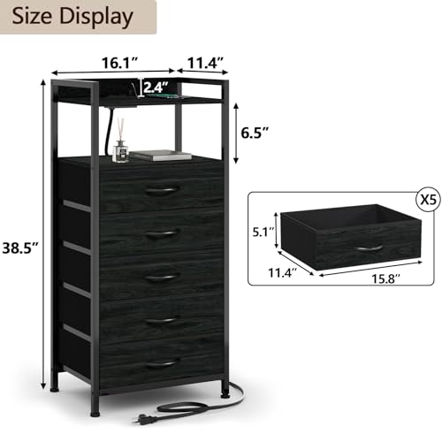 Nightstand with Charging Station,LED,5 Drawers Dresser for Bedroom | Tall Bedside Table,Dorm Night stand with LED Light & Remote Control, Metal Frame and Fabric Bins,Wood Desk Top,Easy Assemble - color: Black Oak, style: 5 Drawer
