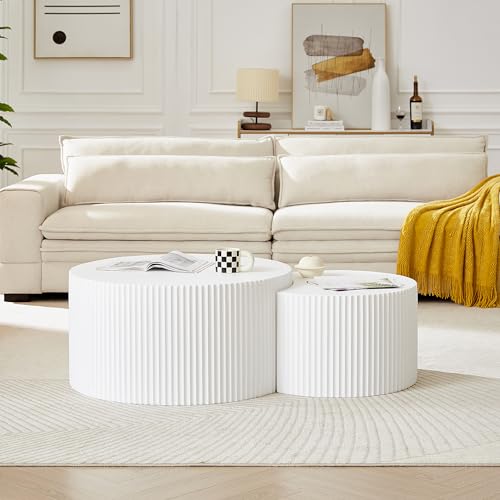 Nesting Coffee Table Set of 2, Modern Round Coffee Table End Table Set for Living Room, Wood Circle Drum Side Table,White - color: White