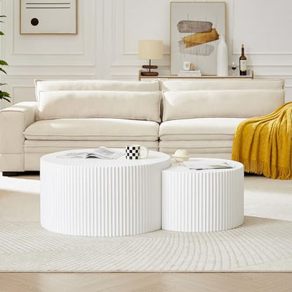 Nesting Coffee Table Set of 2, Modern Round Coffee Table End Table Set for Living Room, Wood Circle Drum Side Table,White - color: White