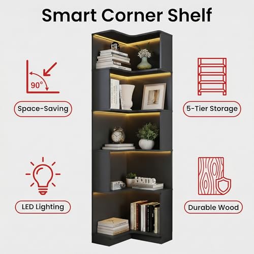 Corner Bookshelf, 5 Tier Tall Corner Bookcase with LED Lights, Freestanding L Shaped Open Display Shelf for Living Room, Bedroom, Home Office (Black) - style: Black-without drawers