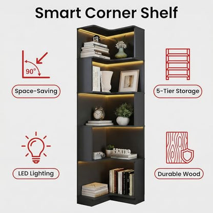Corner Bookshelf, 5 Tier Tall Corner Bookcase with LED Lights, Freestanding L Shaped Open Display Shelf for Living Room, Bedroom, Home Office (Black) - style: Black-without drawers
