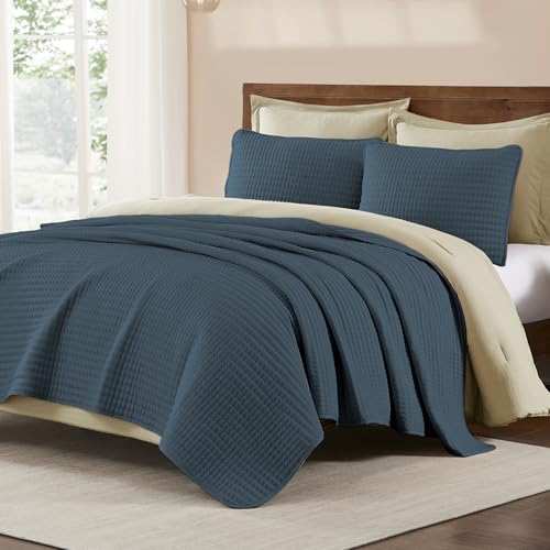 King Size Quilt-Lightweight Navy Blue Bedspreads King Quilt Bedding Set | Soft Coverlet with 2 Pillow Shams for All Seasons, Suitable for Bed, Couch, 3 Pieces, 106"x94" - color: Blue, size: King
