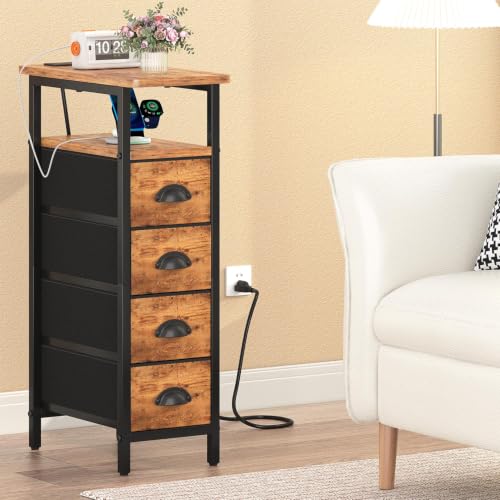 sthmec Nightstand with Charging Station, Narrow Night Stand Set of 2 with 4 Drawers, Skinny Side Table with Fabric Drawers,Slim Sofa Couch Tables for Small Spaces,Living Room,Bedroom,Rustics Brown - color: Rustic Brown, style: Power