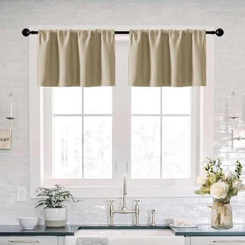 XTMYI Small Curtains for Basement Window,Blackout Room Darkening Valances for Living Room Set of 2 Pack,Natural Beige - color: Beige, size: 30"W x 16"L (Pack of 2)