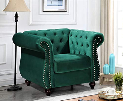 GDFStudio 40.6" Modern Velvet Accent Chair, Chesterfield Upholstered Lounge Chair with Rolled Arms, Comfy Single Sofa Chair with Button Tufted Back & Wood Tapered Legs for Living Room Bedroom, Green - color: Green, size: 1 Seat