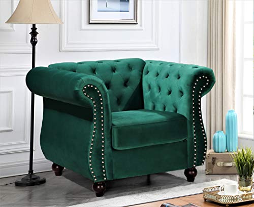 GDFStudio 82.6" Velvet Sofa Set, Modern Living Room Couch Set, Upholstered Sofa Loveseat Chair Set, Chesterfield with Button Tufted Back Rolled Arms Wood Tapered Feet for Apartment Living Room, Green - color: Green, size: 3+2+1 Seat