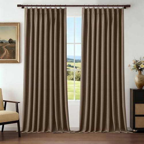 Lightweight Pinch Pleated Curtains Blackout 102 Inches Long Thermal Insulated Brown Curtains Linen with Hooks Room Darkening for Patio Door Drapes 60W x 102L Inch 1 Panel - color: Brown, size: 60"W x 102"L (Pack of 1)