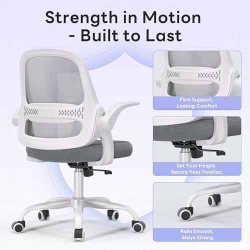 amseatec Ergonomic Mesh Desk Chair with Flip-Up Arms, Supports 300 lbs | Aerospace-grade frame, Mesh & 3" foam seat. 90-110° rocking, height adjustable, 360° swivel. - color: Grey