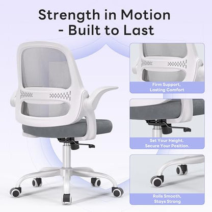 amseatec Ergonomic Mesh Desk Chair with Flip-Up Arms, Supports 300 lbs | Aerospace-grade frame, Mesh & 3" foam seat. 90-110° rocking, height adjustable, 360° swivel. - color: Grey