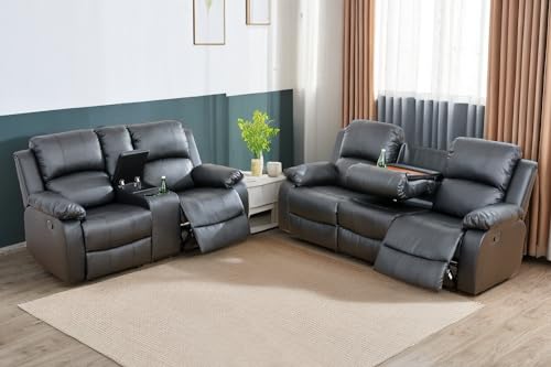 A Ainehome Living Room Furniture Set Leather Recliner Sofa Set Loveseat Chair Furniture Sofa Set for Living Room/Small Space/Rv/House/Office/Theater Seating (A-Black Leather, Sofa+Loveseat) - color: Black Leather, size: Sofa+Loveseat