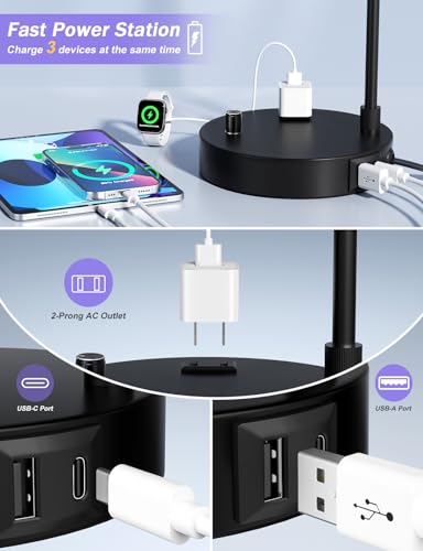 Innqoo Black Table Lamp for Bedroom with USB Port and Outlet, Dimmable Nightstand Bedside Lamps with Linen Lampshade, Desk Lamp for Home Office, Living Room, Guest Room, LED Bulb Included - color: G-Black Shade & Black Base