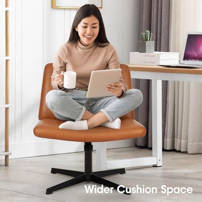 Criss Cross Chair, Armless Cross Legged Office Chair, Comfortable Vanity Chair with Back, Fabric Adjustable Wide Swivel Criss Cross Desk Chair for Home Office, Brown - color: Brown