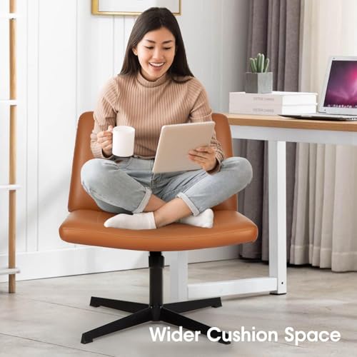 Criss Cross Chair, Armless Cross Legged Office Chair, Comfortable Vanity Chair with Back, Fabric Adjustable Wide Swivel Criss Cross Desk Chair for Home Office, Brown - color: Brown