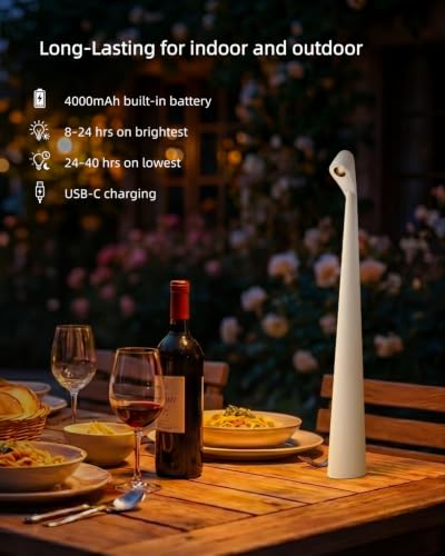 Cordless LED Table Lamp, 4000mAh Rechargeable Portable Desk Lamp, 3-Level Brightness, Bedside Night Light, Ambient Reading Light for Restaurant, Bedroom, Outdoor Camping, Night Light, White | 3-Level Brightness, Bedside Night Light, Ambient Reading Light,