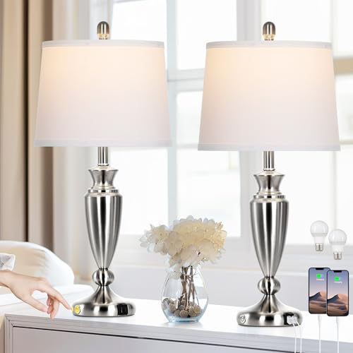 Rinweey Metal Table Lamps Set of 2, 3 Way Touch Control Silver Bedside Lamps with USB A+C Ports, Modern Brushed Nickel Nightstand Lamps for Bedroom Living Room - color: Silver-27"H