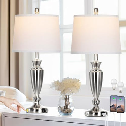 Rinweey Metal Table Lamps Set of 2, 3 Way Touch Control Silver Bedside Lamps with USB A+C Ports, Modern Brushed Nickel Nightstand Lamps for Bedroom Living Room - color: Silver-27"H