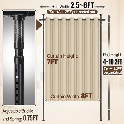 Room Divider Curtain and Rod Set - 6 x 10.2FT Adjustable Wall Divider Rod & Soft Privacy Curtains, Portable Easy to Install Room Separations for Room Blackout