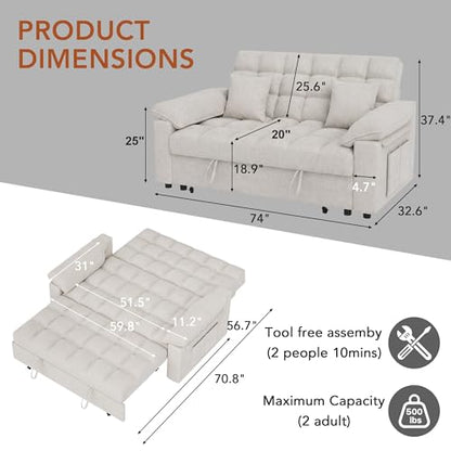 Vipbear Sleeper Sofa Bed, 70" Pull Out Futon Couch with Small Table| USB Port | Side Pockets | Tool-Free Assembly | Adjustable Backrest for Apartment, Office, Guest Room, Chenille Beige - color: Beige