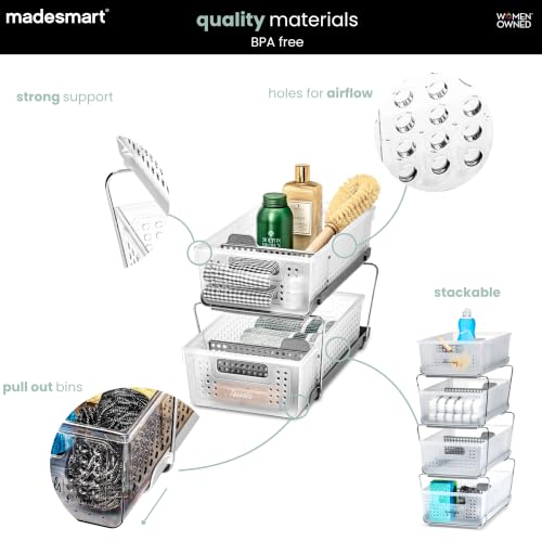 madesmart Two Tier Pull Out Organizer, Frost | adjustable dividers, tiered access, cleaning supplies, under sink use, pantry bottles, woman owned - color: Frost + Dividers, size: 1-Pack