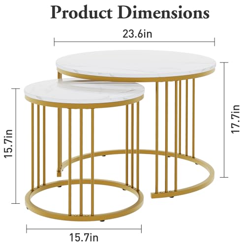 Coffee Table Faux Marble Nesting Table for Small Place 2 Sets Modern Furniture Living Room Sets End Side Table Night Stand for Bed Room Dining Room (White & Gold) - color: Gold