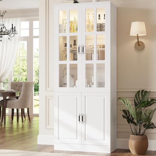Kitchen Pantry Storage Cabinet with LED Lights, 78.7" Tall with Glass Doors & Drawers, Freestanding Utility Cabinet, White (31.5" W x 15.7" D) - color: White, size: 4 Doors