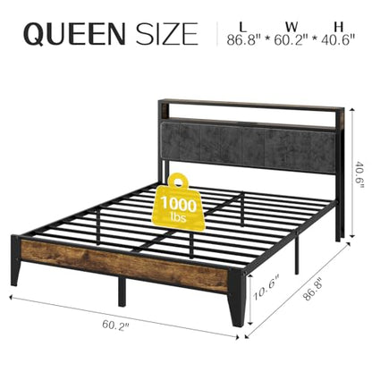 OLEVS Queen Size Bed Frame with Charging Station & LED Light, 2-Tier Storage Headboard & Footboard, Noise-Free Metal Platform Bed No Box Spring Needed, Easy Assembly - size: Queen