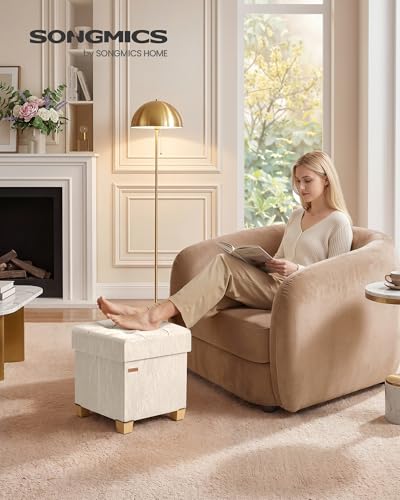 SONGMICS Storage Ottoman, Textured PU Leather Footstool with Legs, Footrest with Cushion, for Living Room and Bedroom, 15 x 15 x 15.7 Inches, White, Minota Collection ULSF523WD01 - color: White