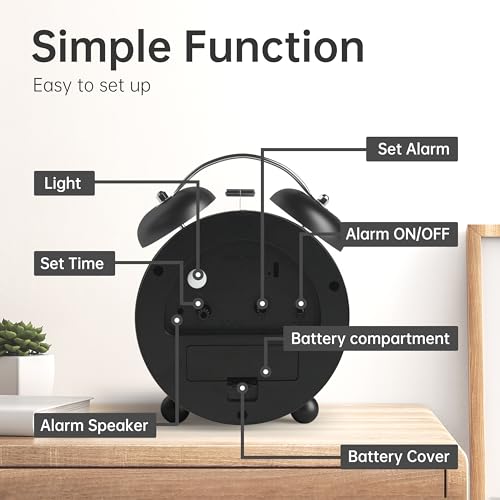 Twin Bell Loud Alarm Analog Alarm Clock, 4 inch Super Silent Non Ticking Small Clock with Night Light, Battery Operated, Simple Design, Old Fashioned, for Heavy Sleeper, Bedroom, Bedside, Desk, Black - color: Black+twin Bell
