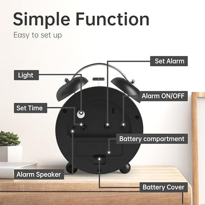 Twin Bell Loud Alarm Analog Alarm Clock, 4 inch Super Silent Non Ticking Small Clock with Night Light, Battery Operated, Simple Design, Old Fashioned, for Heavy Sleeper, Bedroom, Bedside, Desk, Black - color: Black+twin Bell