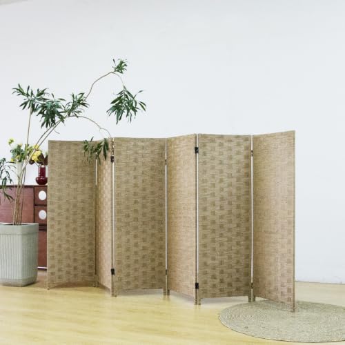 6 Panel Double Sided Short Room Divider for Room Separation, Light Brown Rattan Folding Privacy Screen, Freestanding Partition Screen for Home Office - 3.95 ft Tall - color: Light Brown, size: 6 Panel