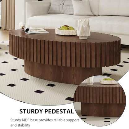 Oval Fluted Drum Coffee Table with Pedestal Base | 43.3'' Modern Brown Wooden Drum Center Table, Handcrafted Solid Wood Fluted Edge, For Living Room & Apartment - color: Oval Brown