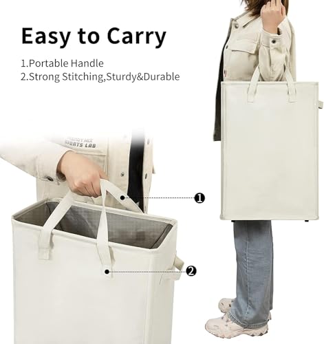 Narrow Laundry Hamper, Skinny Laundry Basket, 45L Beige, 24" | Slim Laundry hamper for Small Spaces laundry bag with handle, Foldable clothes hampers for laundry basket organizer - color: Beige