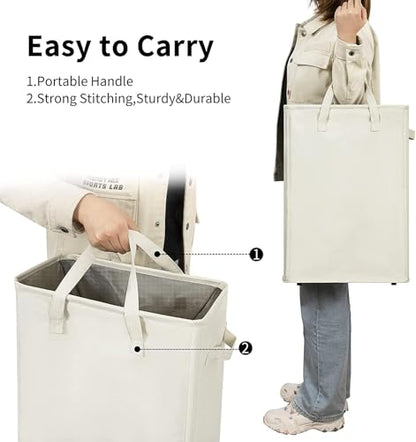 Narrow Laundry Hamper, Skinny Laundry Basket, 45L Beige, 24" | Slim Laundry hamper for Small Spaces laundry bag with handle, Foldable clothes hampers for laundry basket organizer - color: Beige
