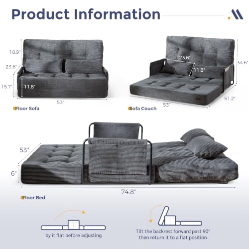 MAXYOYO Adjustable Folding Sofa Bed Couch with 2 Pillows, Dark Grey | Multi-Functional Bean Bag Bed, 5-Position Foldable Lazy Floor Sofa Bed with Armrest, Versatile Floor Seating for Reading - color: Dark Grey