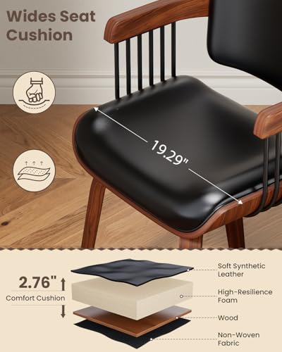 Dining Chairs with Armrest, Set of 2, Mid-Century Modern Kitchen Chair | with Wood Legs, Upholstered PU Leather for Dining Room, Kitchen, Restaurant, Cafe, Black - color: Black