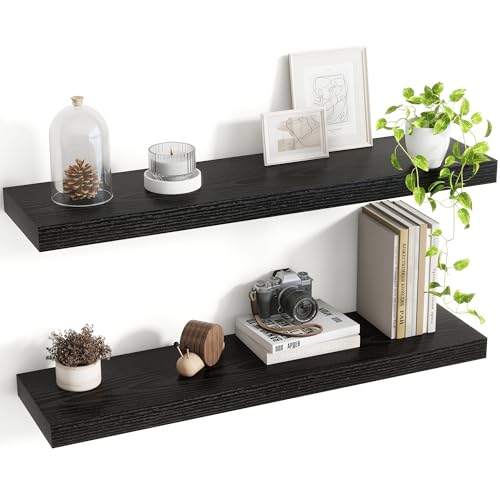 Acovy 30 Inch Floating Shelves, 8 Inch Deep Floating Shelves for Wall, Hanging Shelf with Invisible Brackets, Deep Shelves for Bathroom, Bedroom, Living Room, Black, Set of 2 - color: Black, size: 8"Wx30"L-2pcs