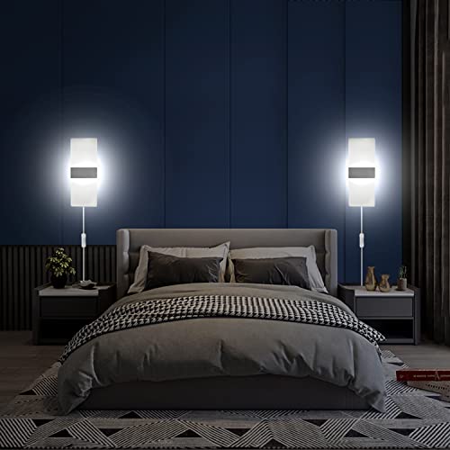 KICAAO Modern Wall Sconces Set of Two, Plug in 10W 6000K Cool White | Acrylic Wall Lights with 6FT/180cm Plug in Cord and On/Off Switch on The Cord - color: Brushed Silver