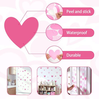 AOWDIAO 170 Pcs Heart Wall Decals - Peel and Stick Pink Decor for Girl Bedroom, Nursery, Playroom Decoration - style: Pink Hearts