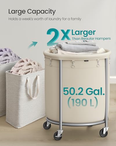 SONGMICS Laundry Basket, Rolling Steel Frame with 2 Locking Wheels, 190 L | Heavy-Duty Laundry Hamper Cart with Removable Bag, White and Metallic Silver, URLS01MZ - color: Cream White + Metallic Silver, size: 190 L (1-Section)