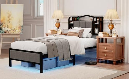 Twin Size Bed Frame with LED Lights & Charging Station | Upholstered Headboard & Footboard, No Box Spring Needed, Noise-Free Easy Assembly, Large Under Bed Storage - size: Twin