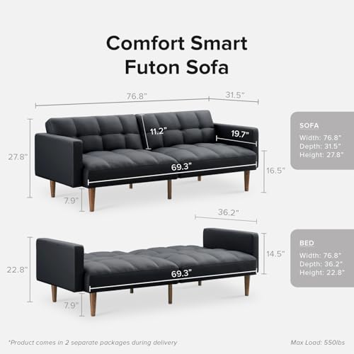 mopio 76.4" Futon Sofa Bed Tufted Styled, Sleeper Couch (Midnight Black PU) | Easy-clean surface reclines flat for visitors; a space-smart mid-century silhouette works anywhere. - color: Aaron Pu, Midnight Black
