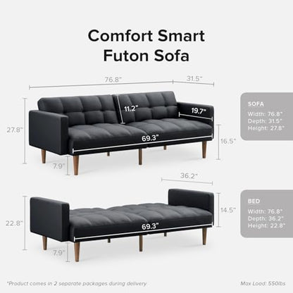 mopio 76.4" Futon Sofa Bed Tufted Styled, Sleeper Couch (Midnight Black PU) | Easy-clean surface reclines flat for visitors; a space-smart mid-century silhouette works anywhere. - color: Aaron Pu, Midnight Black