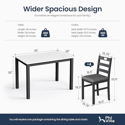 PHI VILLA Dining Table Set for 4, Marble Design Kitchen Table and Chairs | Marble Tabletop, Solid Rubber Wood, Padded Cushion Chairs, Space Saving, Easy Assembly, White Marble&Gray - color: Venatino White Marble&gray